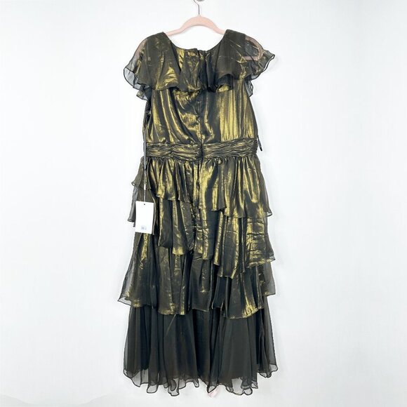 NWT Mac Duggal Ruffled Tea-Length Evening Dress Black Gold 14W - Picture 5 of 8